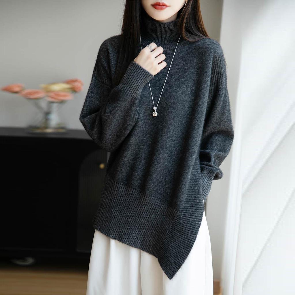 Pure Wool Seven-Stitch Thickened Sweater - Autumn/Winter, Long Sleeve, Half-High Collar with Irregular Slit.