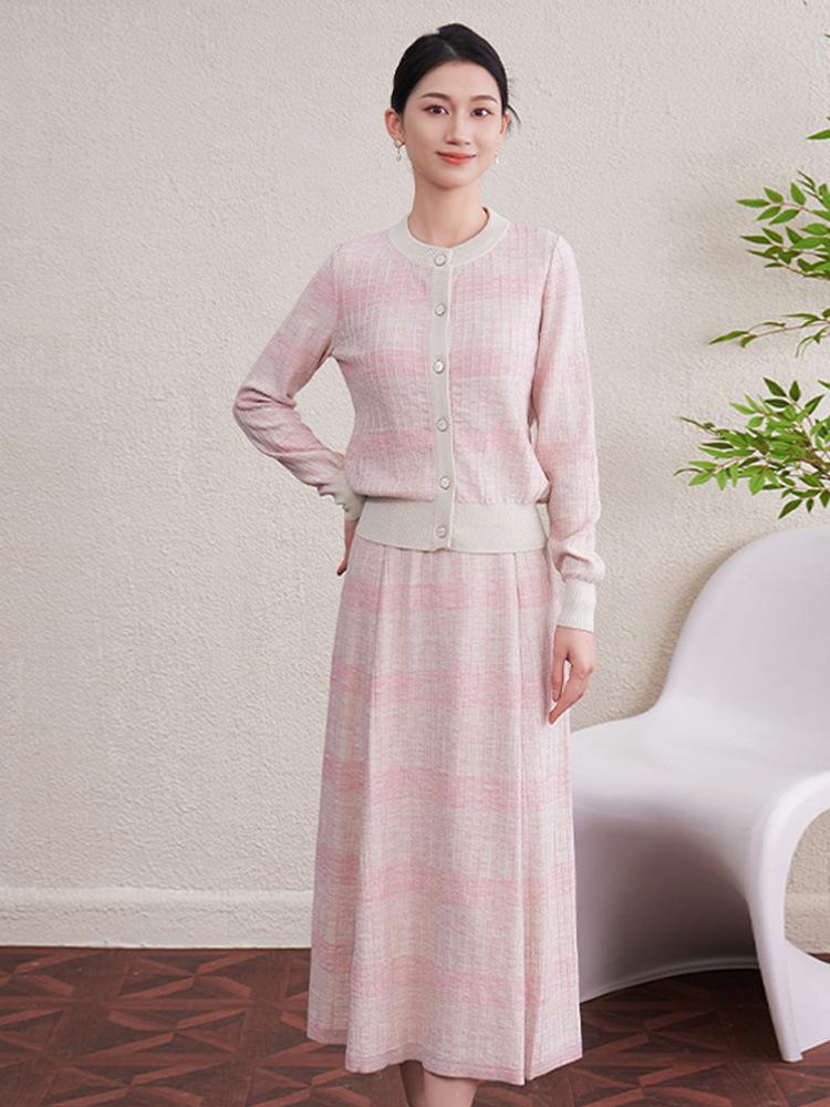 2025 Autumn/Winter Women's Retro Tencel Stripe Knit Top & Midi Skirt Set