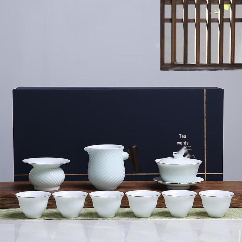 Ribbed Mutton Fat Jade Porcelain 10-Piece Tea Set
