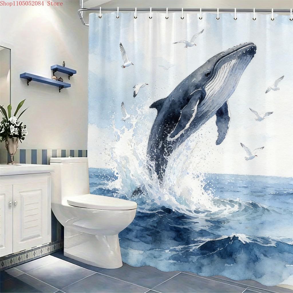 Watercolor Sunset Ocean Sailboat & Seagulls Waterproof Shower Curtain For Bathroom Decor
