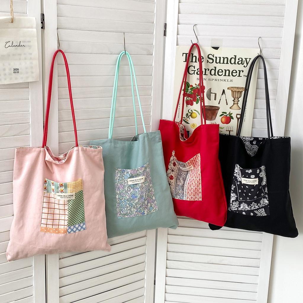 Spring New Korean Style Floral Double-Sided Shoulder Bag for Women Fresh Travel Canvas Tote Handbag