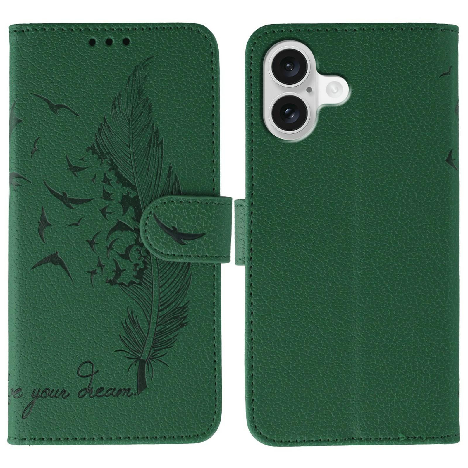 

For iPhone 17 Case Feather Imprint PU Leather Wallet Phone Cover Green