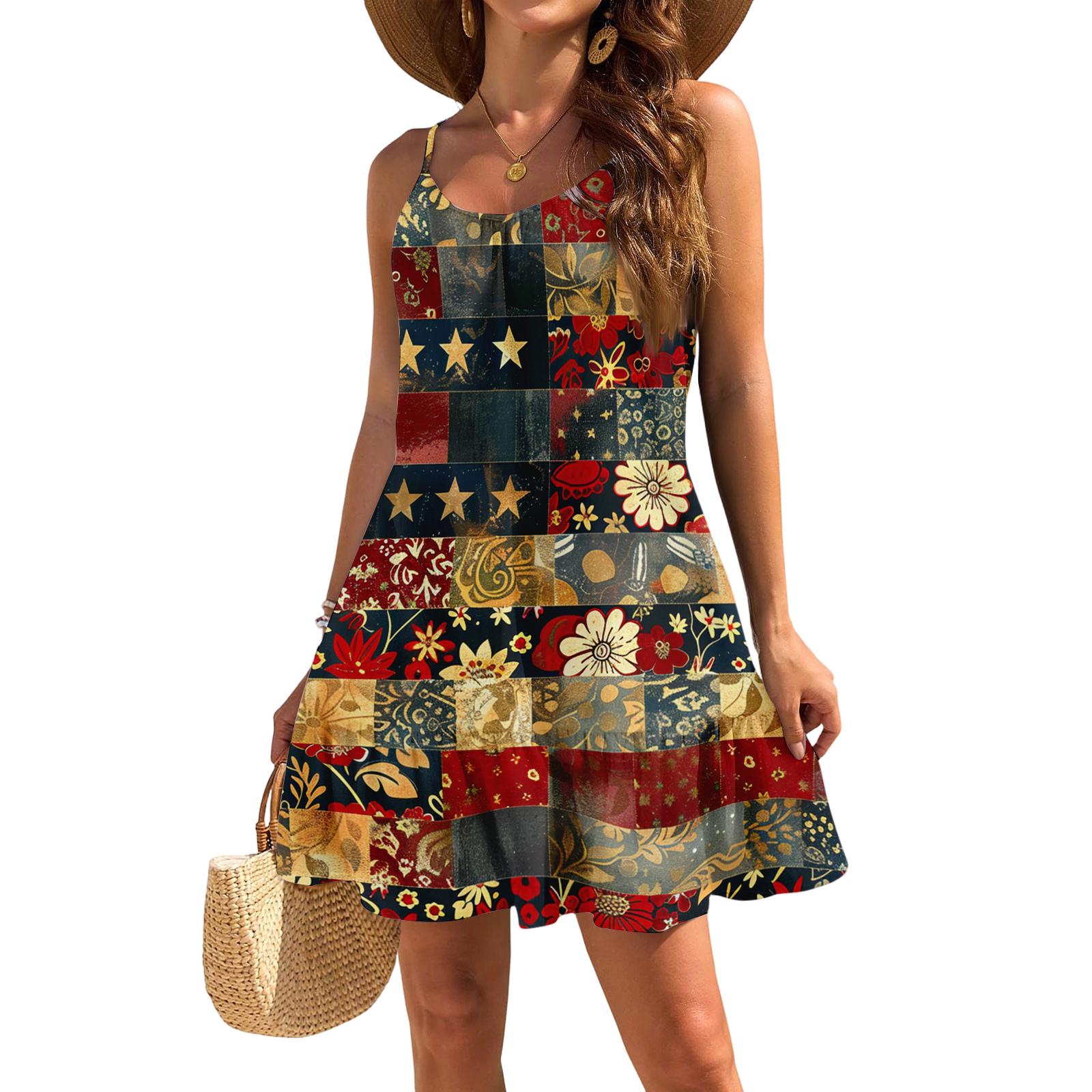 

Women s Sleeveless Sling Loose Casual Elegant Beach Independence Day Printed Dress XL