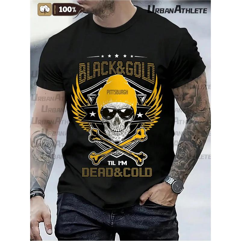 

European sizes 1pc Pittsburgh Football Graphic T-Shirt - & Golden Skull & Crossbones Design 4XL