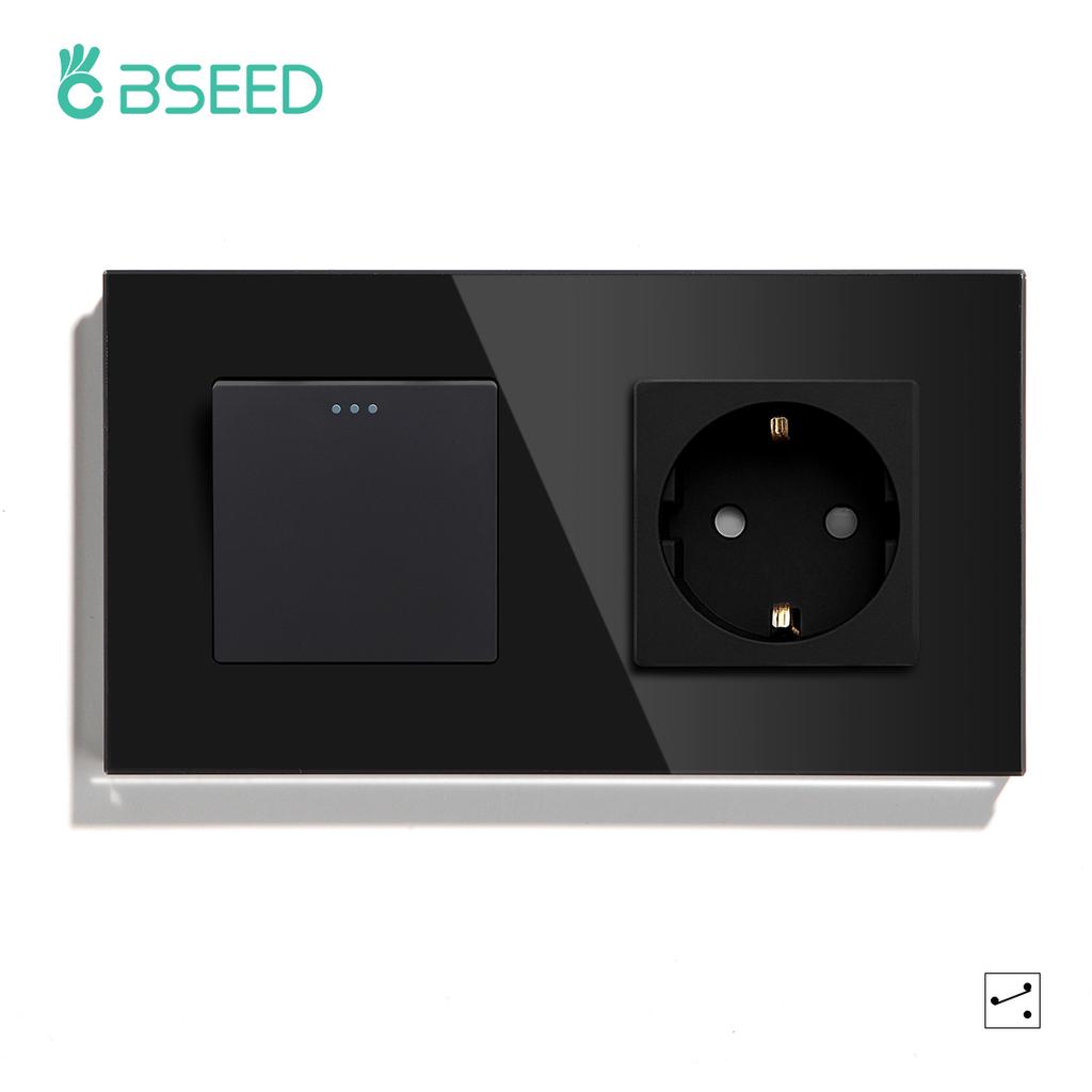 BSEED 1/2/3Gang Mechanical Light Switches 2way For Stairs Corridors with EU Power Sockets USB Type-c Ports Glass Panel Black