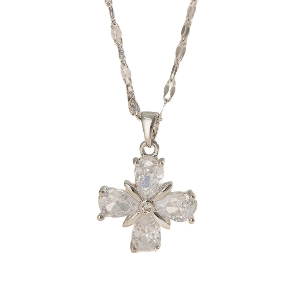 Versatile Niche‑Style Titanium‑Steel Women Necklace, Four‑Petal‑Flower Zircon‑Inlaid Advanced‑Design Collarbone Chain