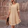 Summer Loose A-line Midi Dress for Women Solid Color Big Swing Ruffle Patchwork O Neck Pullover Knee Length Mid Sleeves Dress