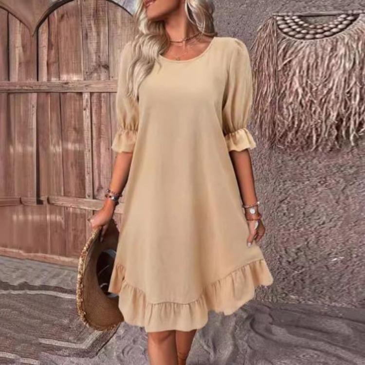 Summer Loose A-line Midi Dress for Women Solid Color Big Swing Ruffle Patchwork O Neck Pullover Knee Length Mid Sleeves Dress