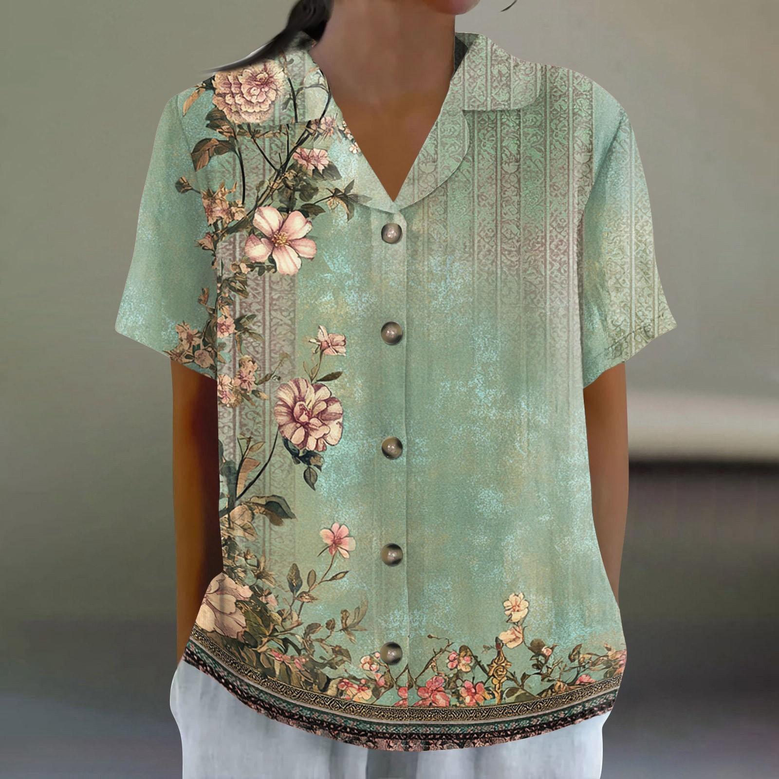 

Women s Shirt With Floral Print Buttons, Long Sleeved Casual Regular Shirt Collar Top XL