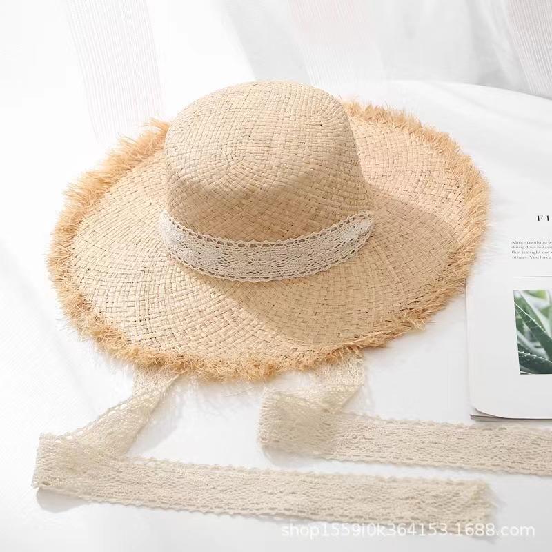 Fashion Handmade 100%natural Raffia Dame Top Big Brim Straw Hat Beach Girl Holiday Panama Sunscreen Breathable Sun Hat sale