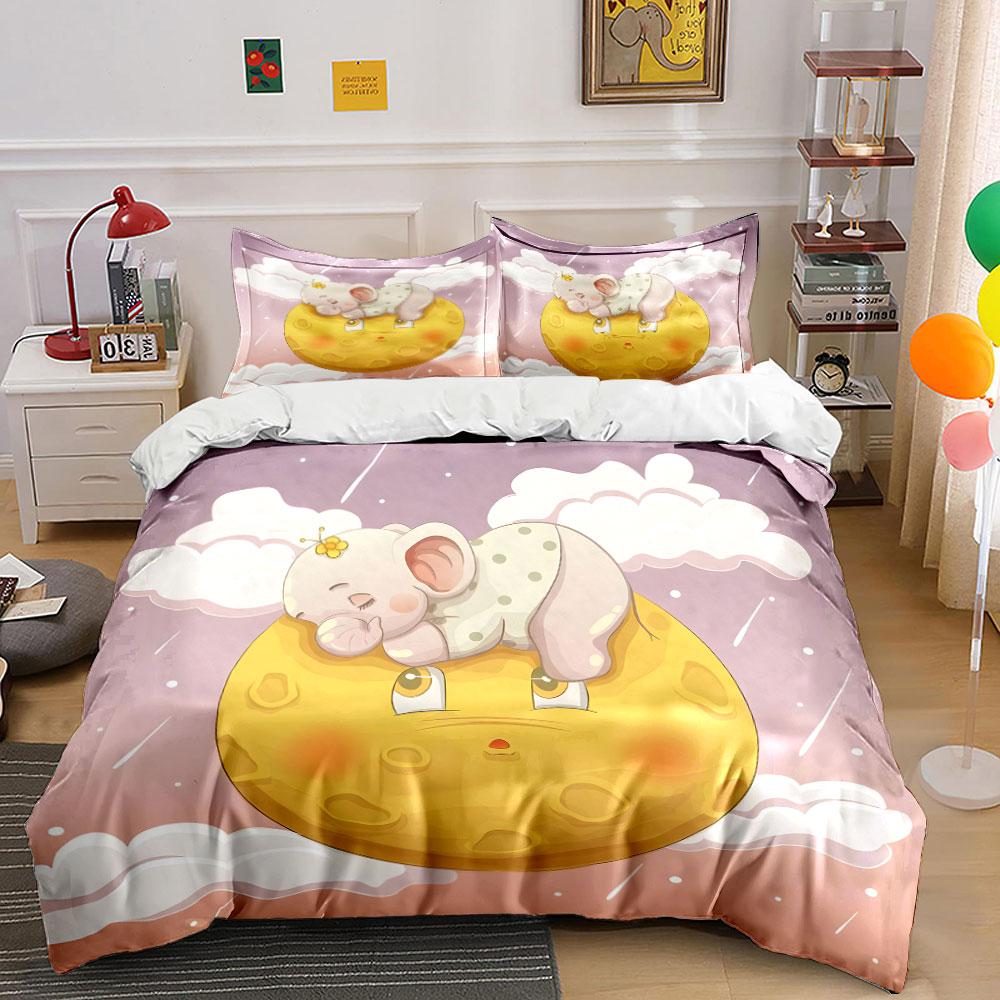 Cartoon Cute Elephant Sleeping On Moon Duvet Cover Set With 3D Printing Design Soft Polyester Bedding Set All-Season Comfort