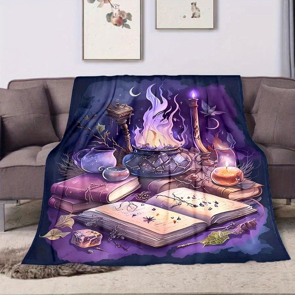 1pc Purple Halloween Blanket Witch Magic Book Potion Print Skin-Friendly Blanket  New for Birthday Gift Halloween Decoration