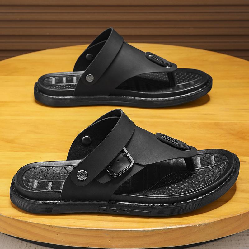 Fashion 2025 New Men's Genuine Leather Outer Wear Summer Casual Slippers Beach Shoes Anti-Slip Clip-On Slippers Soft Bottom Durable