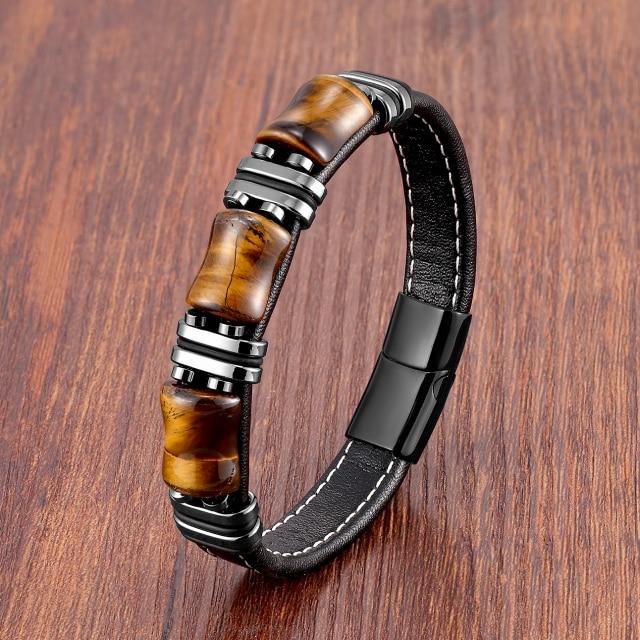 Natural Stone ,Tiger Eye Bracelet ,Black Leather Rope Chain ,Men Bracelet ,Stainless Steel Bracelet ,Women Fashion Jewelry ,Wholesale