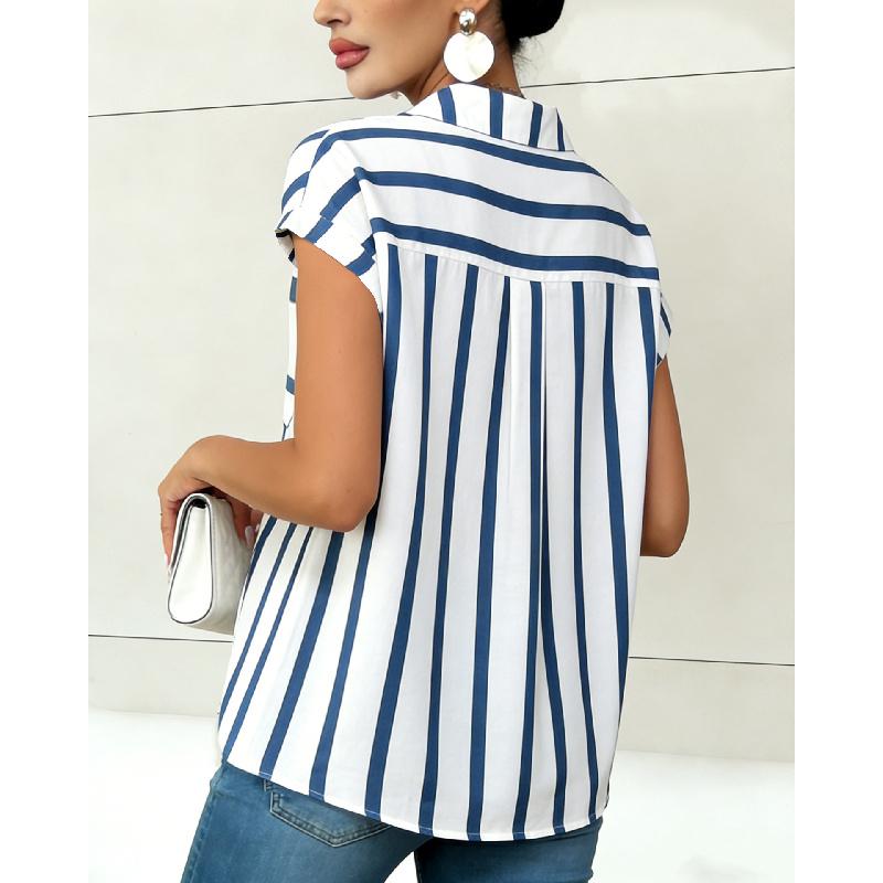 2026 New Women's Fashion Casual Loose V-Neck Striped Pocket Ladies' Shirt