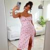 Foundation floral waist medium-length dress, side drawstring split suspender skirt