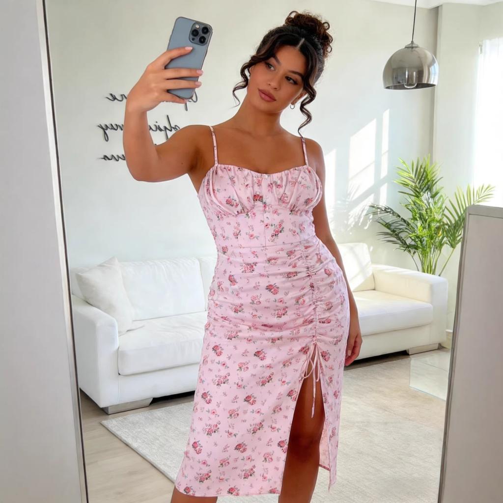 Foundation floral waist medium-length dress, side drawstring split suspender skirt