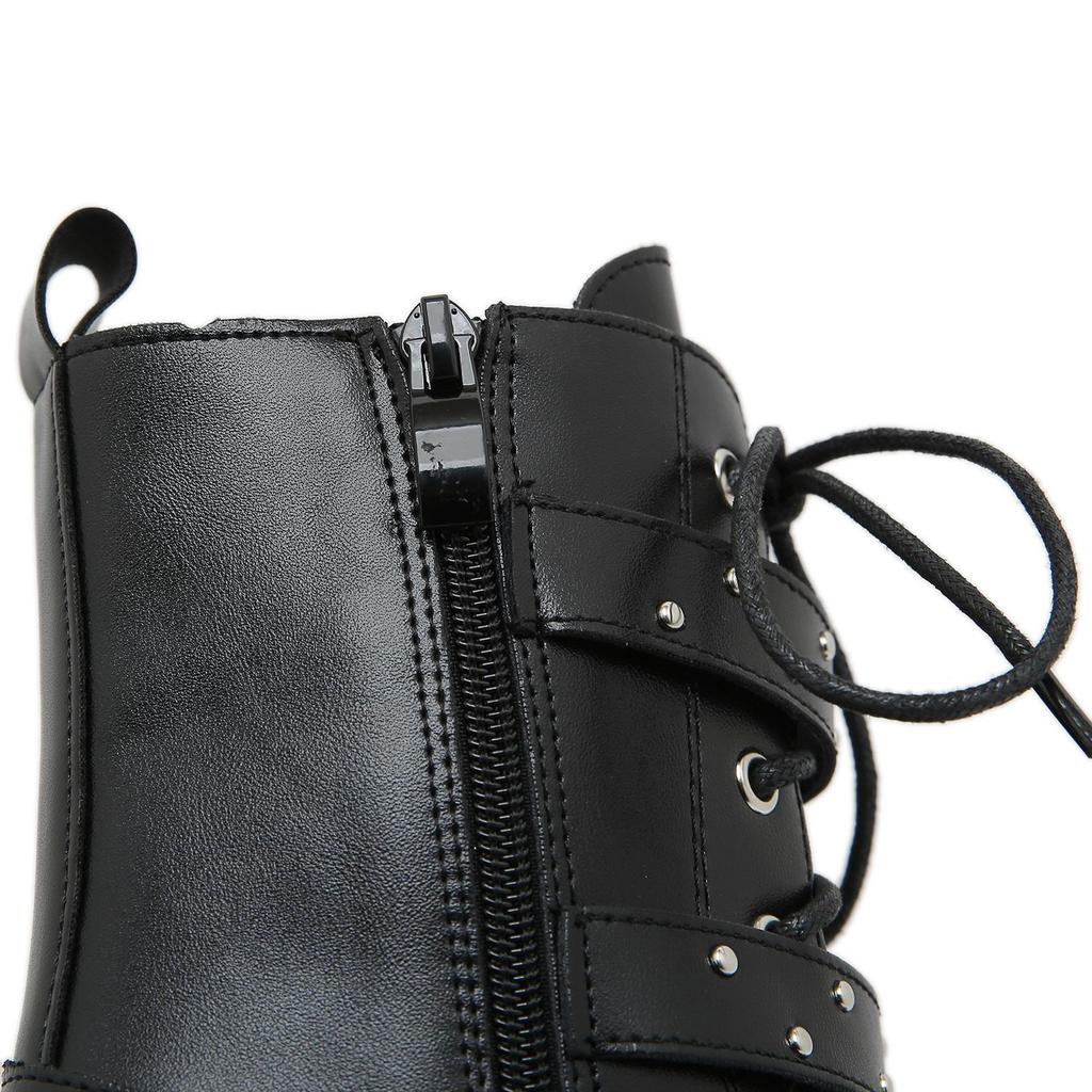 Gdgydh Stivali da donna a metà polpaccio con fibbia punk gotico, tacchi altissimi, scarpe invernali, cerniera laterale, stivali da cavaliere con suola spessa