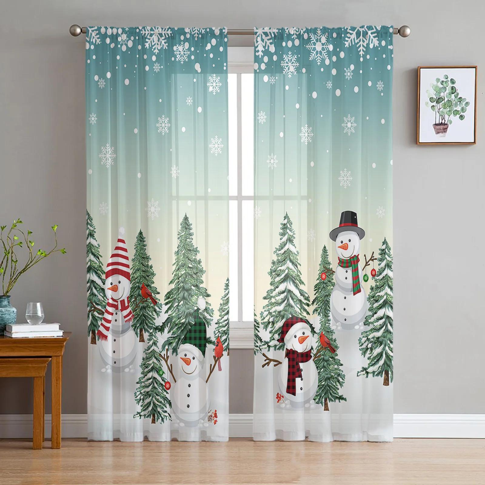 

Christmas Snowman Snowflake Sheer Curtains for Living Room Decoration Window Curtains Kitchen Tulle Voile Curtains W135 x H115cm x1