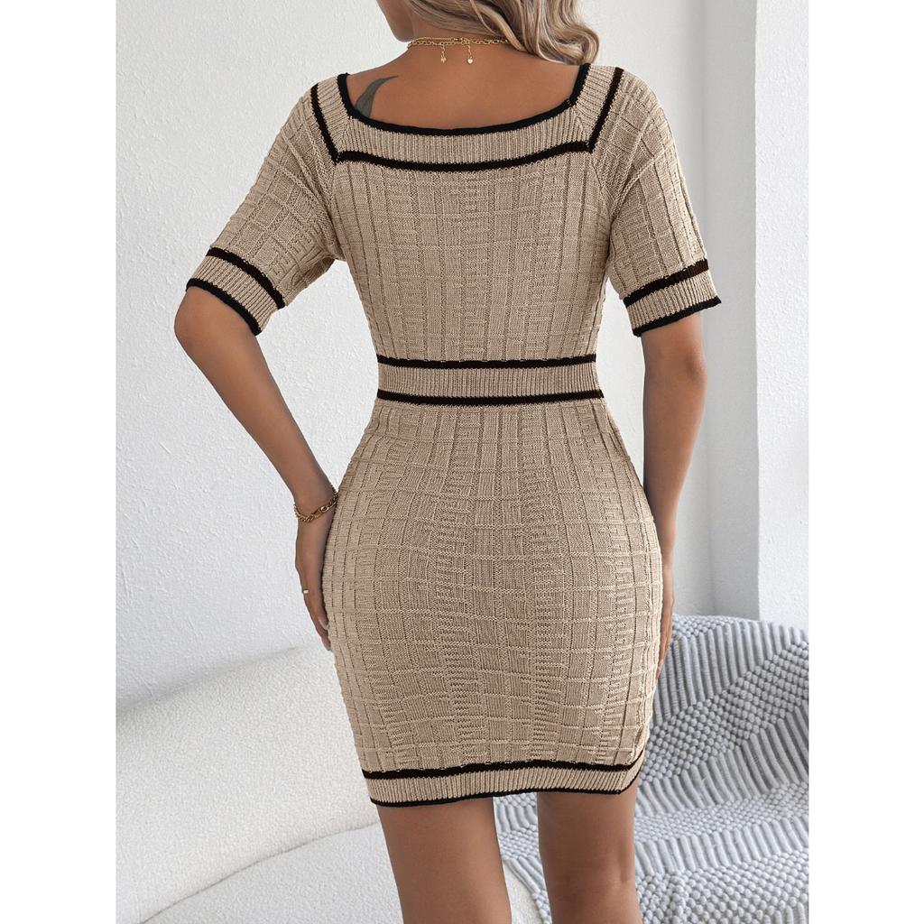 HNXC Spring Summer Elegant Square-neck Button Short-sleeved Knitted Hip-hugging Dress for Women