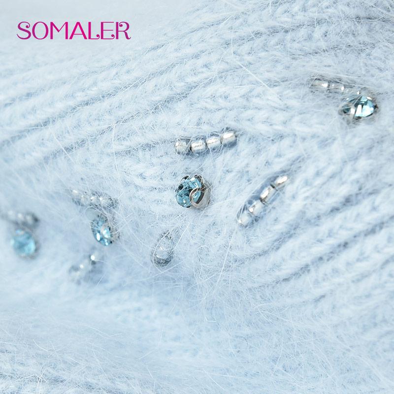 SOMALER Winter Angora Wool Knit Hats for Women Rabbit Fur Skull Cap with Decoration Outdoor Ski Hat