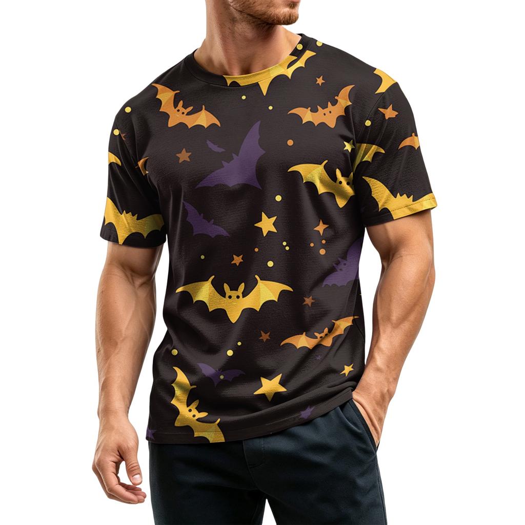 Men's Casual Halloween Print Short Sleeve T-Shirt Lightweight Breathable Round Neck Top for Everyday Wear and Seasonal Events