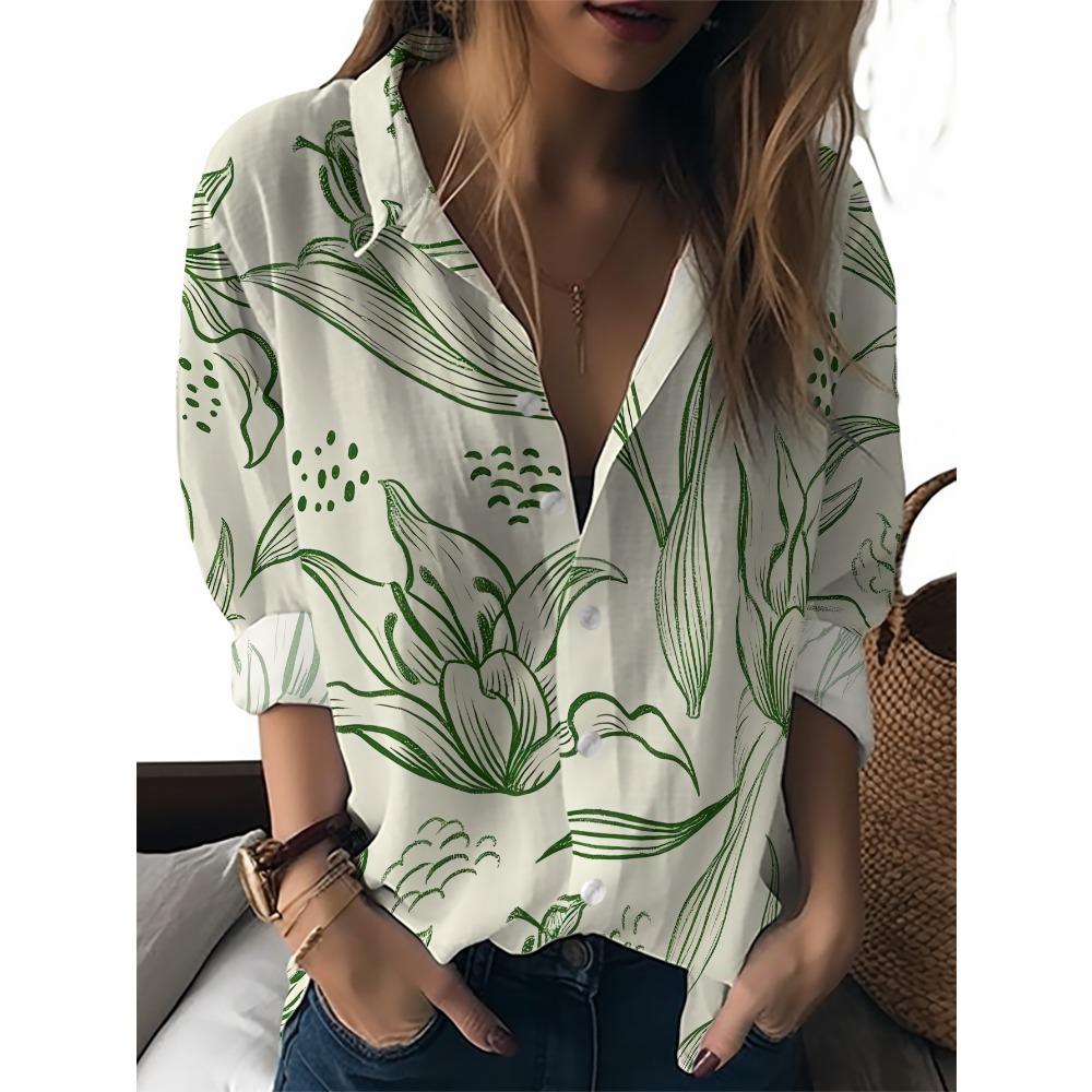 Summer Minimalist Shirt with Floral Digital Print Button Up Shirt Top for Women's Hawaiian Beach Vacation Casual Shirt