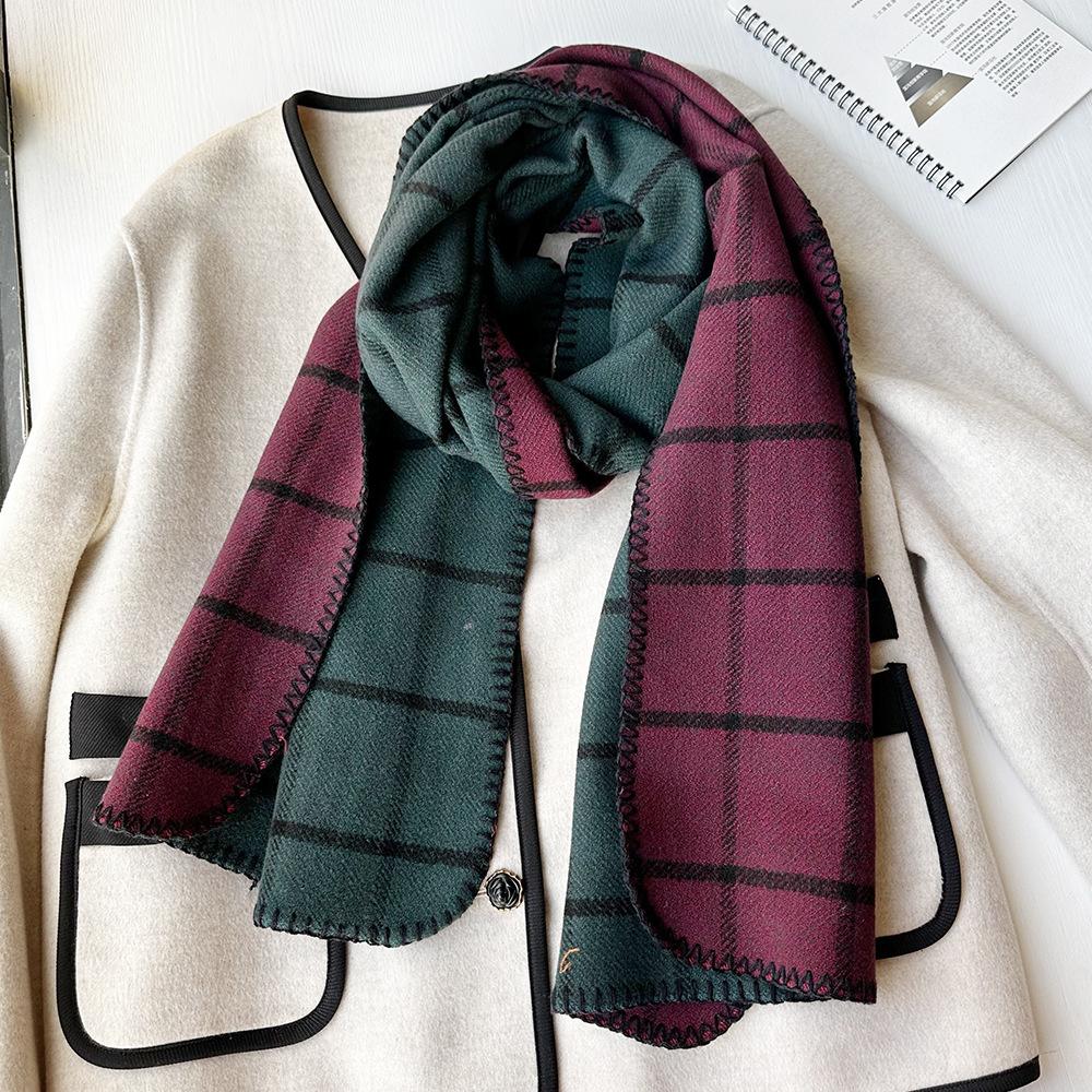 Double sided Scarf for Women in Autumn and Winter Korean Style Checkered Imitation Cashmere Neck Scarf with Edge Thickened and High End Shawl Trend