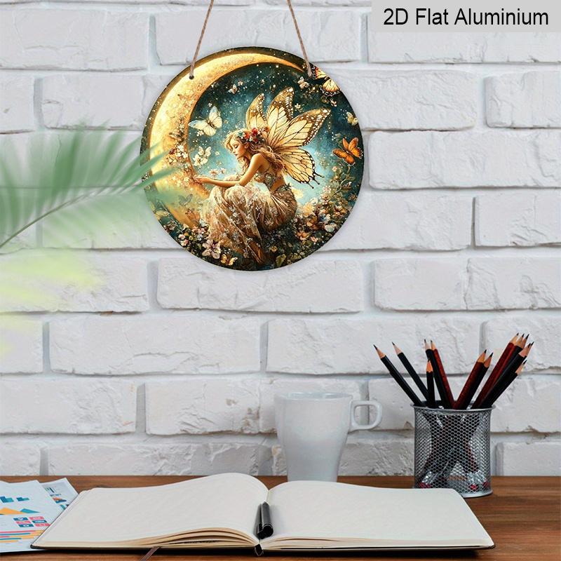2D Flat, 1pc Enchanted Fairy On Crescent Moon Aluminum Wall Art - Whimsical Butterfly Amp; Floral Design, HD Printed Round Metal Sign for Home Decor