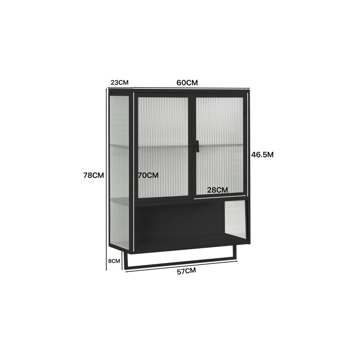 Armoire contemporaine à double porte vitrée, largeur 60 cm, avec étagères ouvertes et porte-serviettes, finition noire.