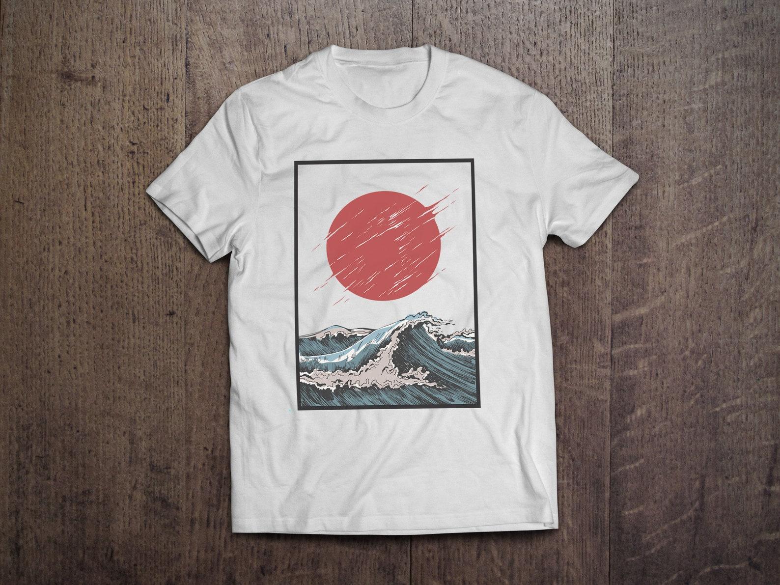 Rising Sun Great Wave Japanese Art / Heavyweight cotton unisex T shirt with print tee top S