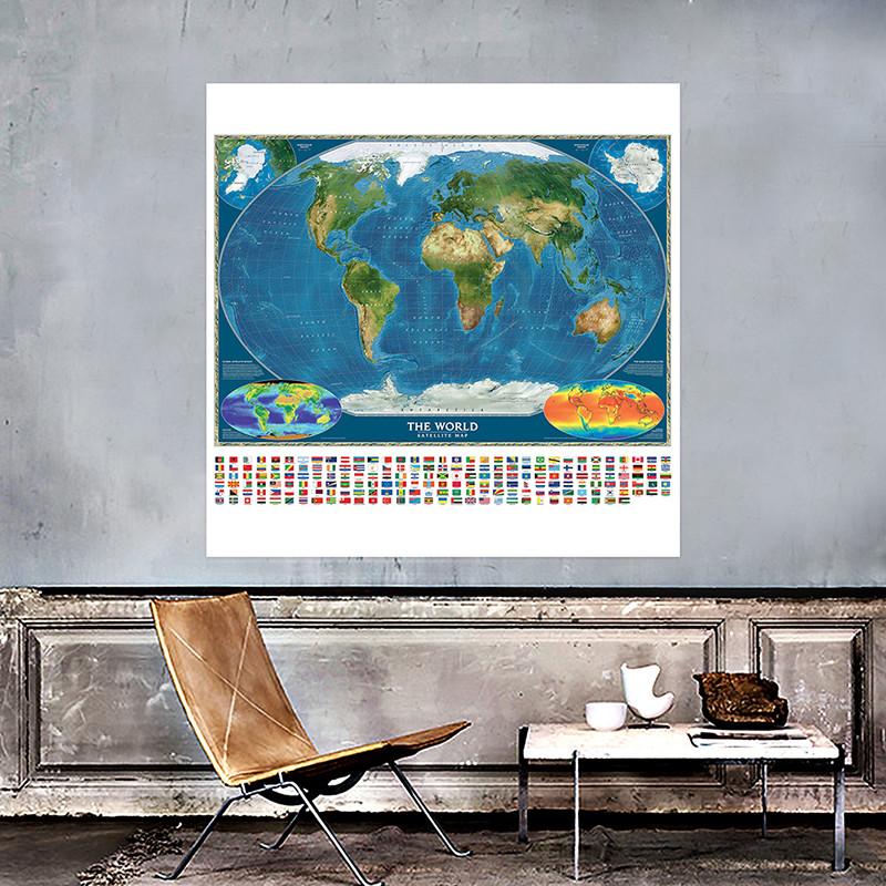 Polyester,The World Map with National Flag Painting Poster Travel Supplies/Learning,World Map Wall Decor