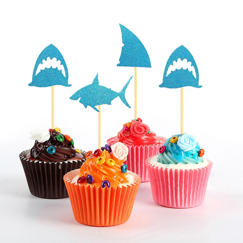 24pcs/set Fashion Shark Shape Cupcake Insert Cards with Toothpick Wedding Birthday Party Gifts Cake Decorations