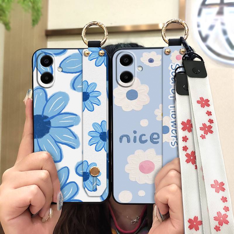 Durable Back Cover Phone Case For Samsung Galaxy A07 Flower Silicone Anti-knock Wrist Strap Shockproof Lanyard Anti-dust