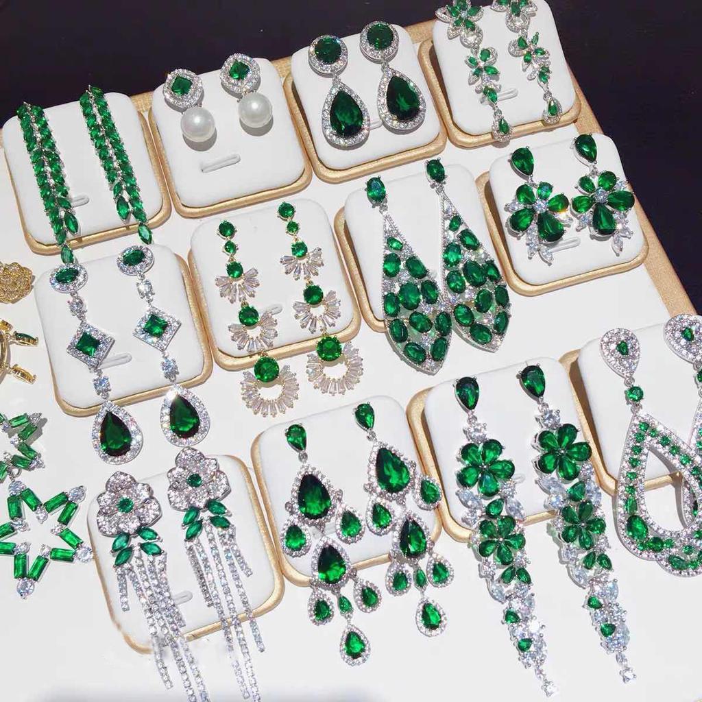 Emerald diamond leaf fringed earrings light luxury stud earrings women's European and American earrings