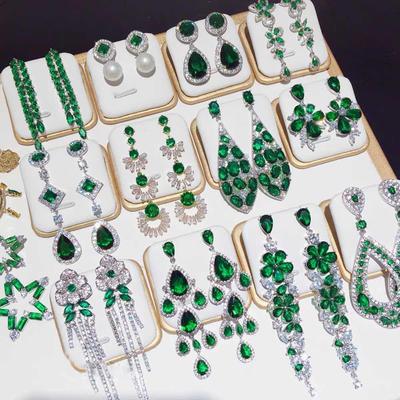 Emerald Diamond Leaf Fringed Earrings Light Luxury Stud Earrings Women's European and American Earrings