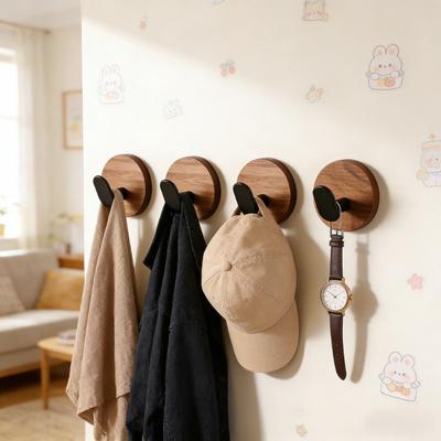 2/4PCS Wooden Wall Hook Self Adhesive Coat Clothes Hanger Hat Key Holder Towel Rack