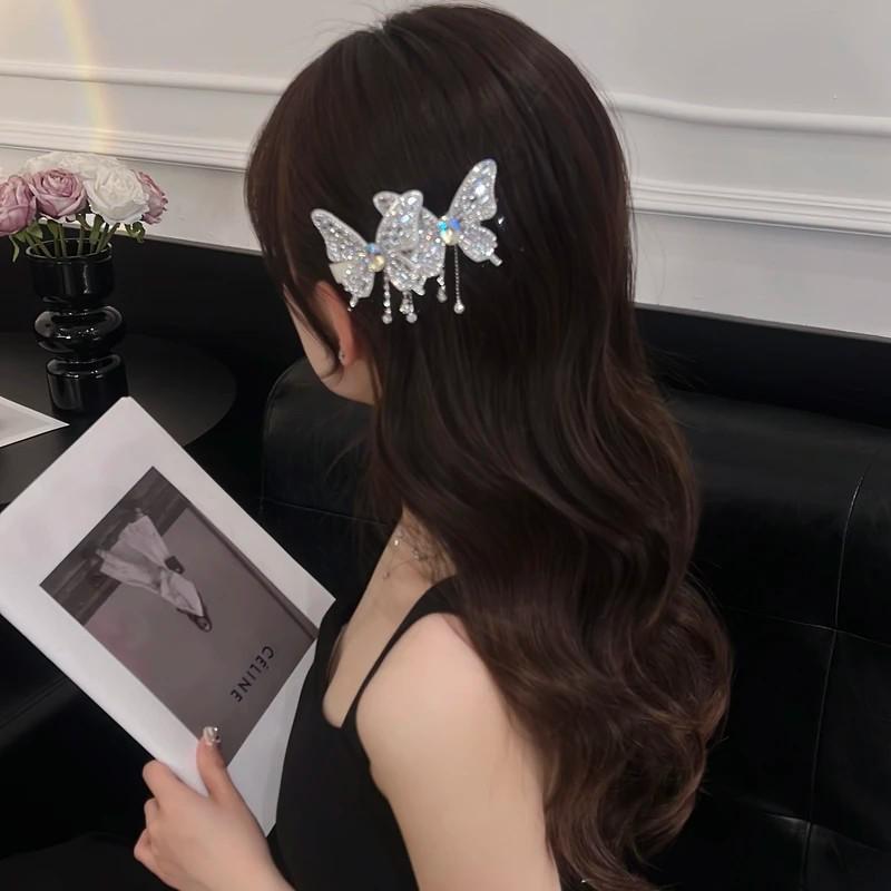 Elegant Rhinestone Butterfly Tassel Hair Clip for Women - High-End Sparkling Hair Accessory