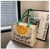 Happy Face Print Tote Bag Fashion Canvas Shoulder Bag Large Capacity Handbag For School Travel Shopping Premium