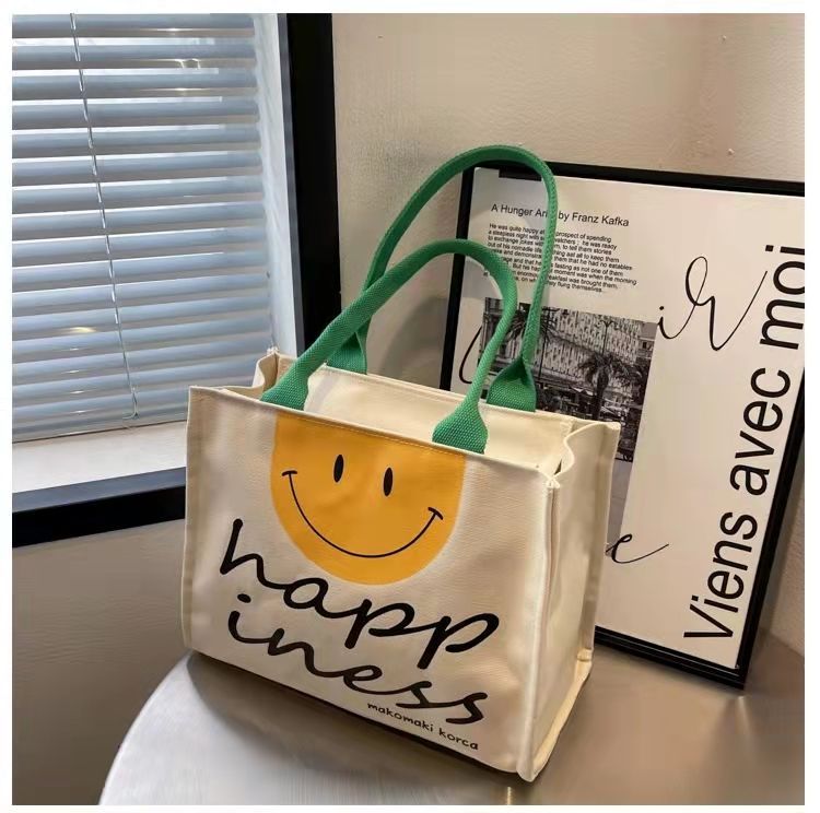 Happy Face Print Tote Bag Fashion Canvas Shoulder Bag Large Capacity Handbag For School Travel Shopping Premium