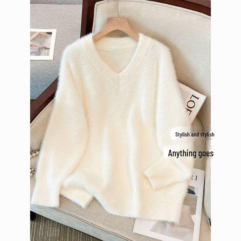 Women's Plus Size French V-Neck Mink Sweater - Autumn/Winter Loose, Soft, and Slimming Top