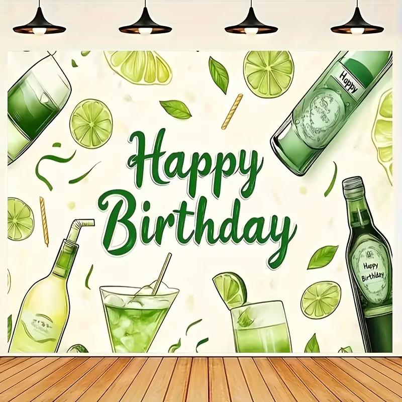 Cocktail & Lime Happy Birthday Tapestry, Summer Party Background 47.2x31.5inch/120*80cm