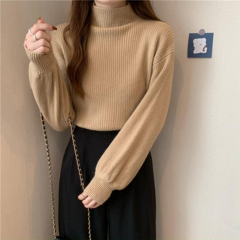 Half Turtleneck Sweater for Women Loose Solid-color Knitted Sweater for Autumn and Winter Casual Long-sleeved Pullover