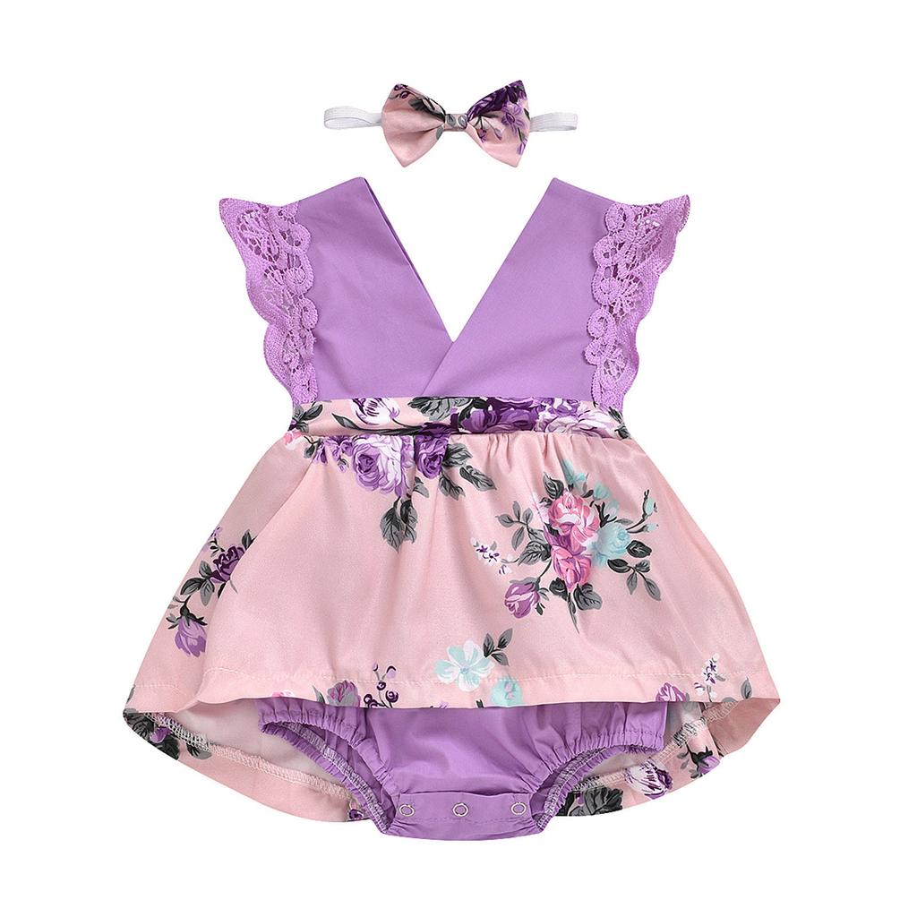 Baby Girls Floral Romper Dress Newborn Outfits With Headband 0-24 Months