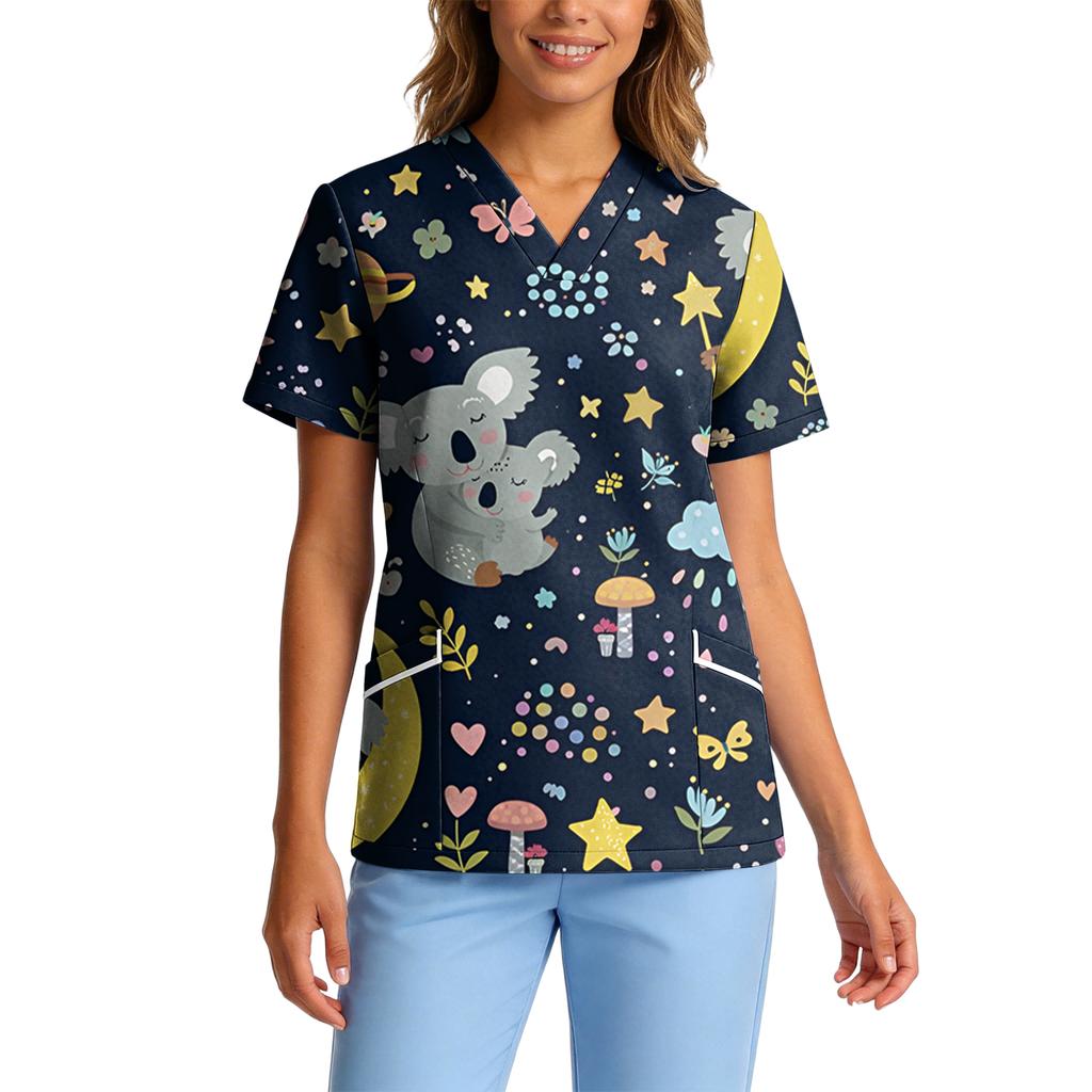 Women's Stretch Quick-Dry V-Neck Short Sleeve Workwear Top with Animal Print & Pockets