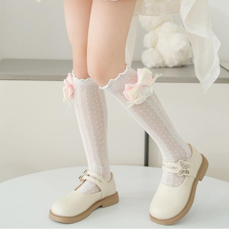 Stylish Knee Length Socks for Girls 3-12 Years Bowknot Trimmed Long Tube Socks Party Daily Wear Accessories