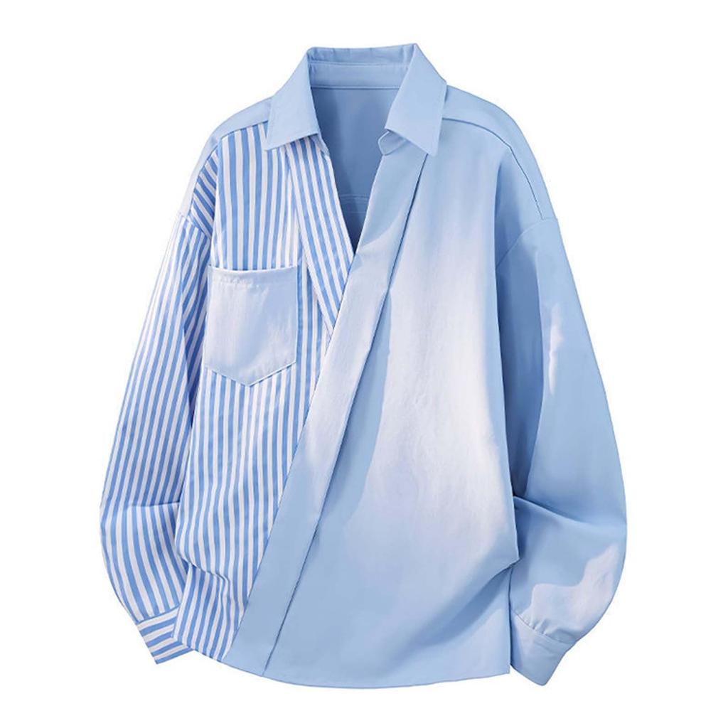 Men's Plus Size Loose Fit Striped Patchwork Asymmetric Casual Shirt for Spring and Fall