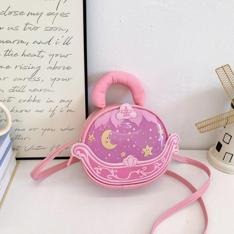 Solid Simple Color Star Moon Print Children Round Shape Crossbody Bag For Girl