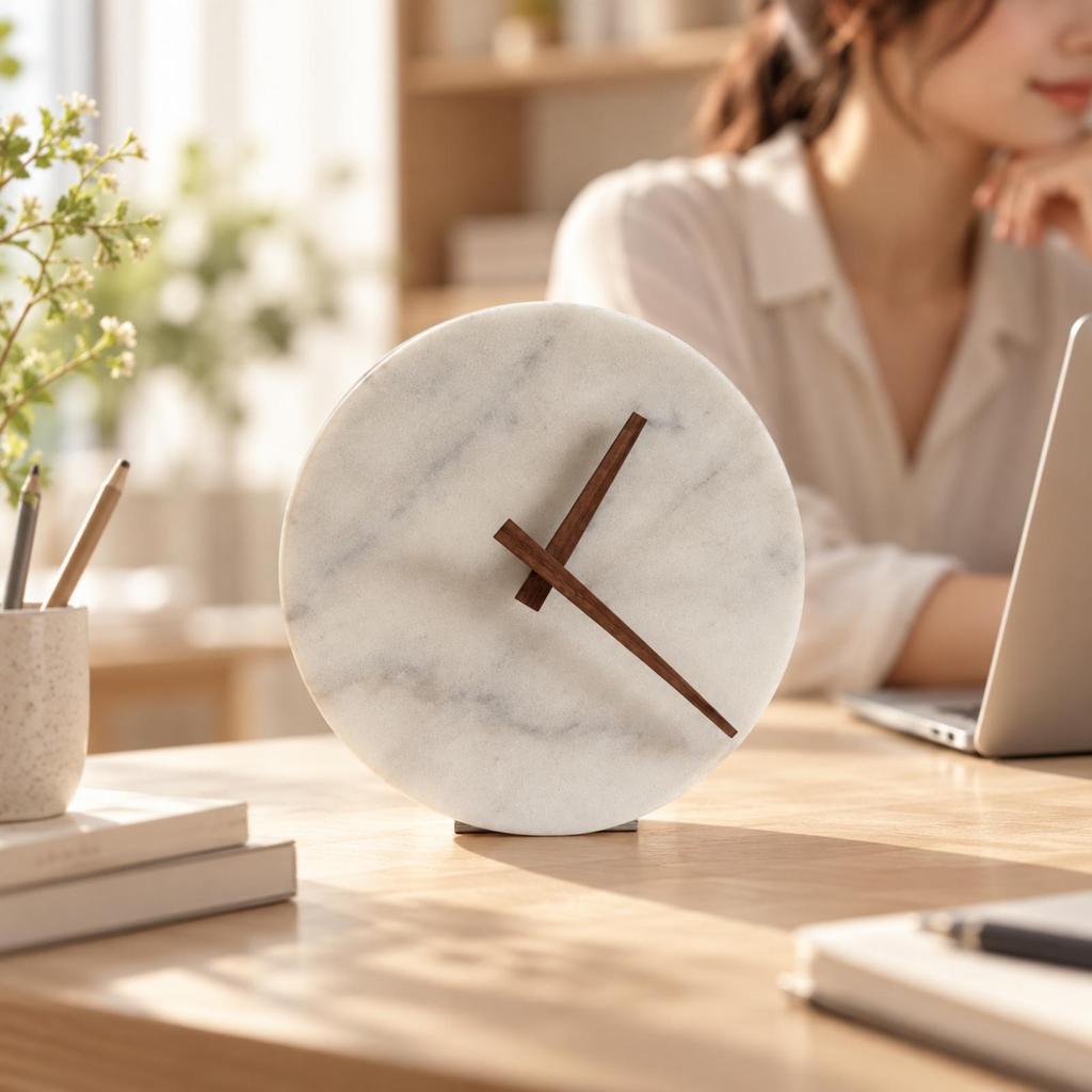 Decorative Table Clock Compact Round Marble Face Small Timepiece for