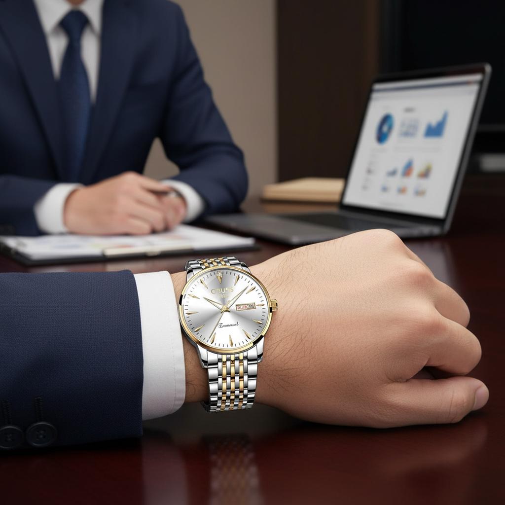 Men's Luminous Watch Large Dial Dual Calendar Automatic Movement Wristwatch for Business